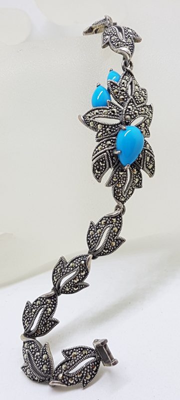 Stunning Sterling Silver Reconstituted Turquoise and Marcasite Ornate Leaf Design Bracelet