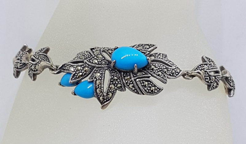 Stunning Sterling Silver Reconstituted Turquoise and Marcasite Ornate Leaf Design Bracelet