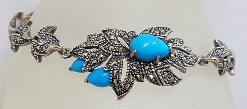Stunning Sterling Silver Reconstituted Turquoise and Marcasite Ornate Leaf Design Bracelet