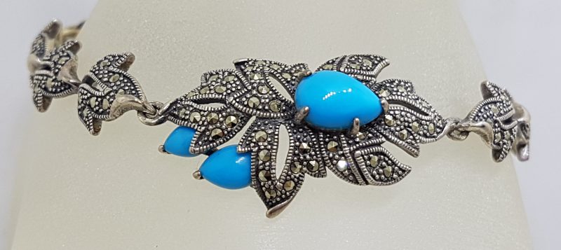 Stunning Sterling Silver Reconstituted Turquoise and Marcasite Ornate Leaf Design Bracelet