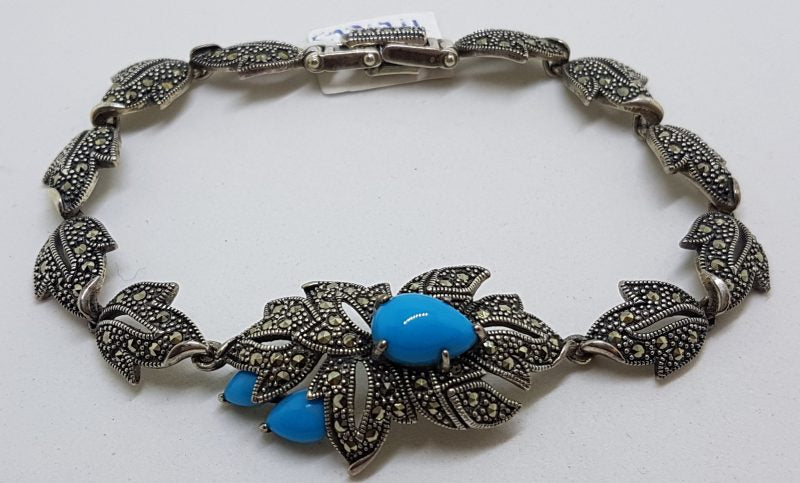 Stunning Sterling Silver Reconstituted Turquoise and Marcasite Ornate Leaf Design Bracelet