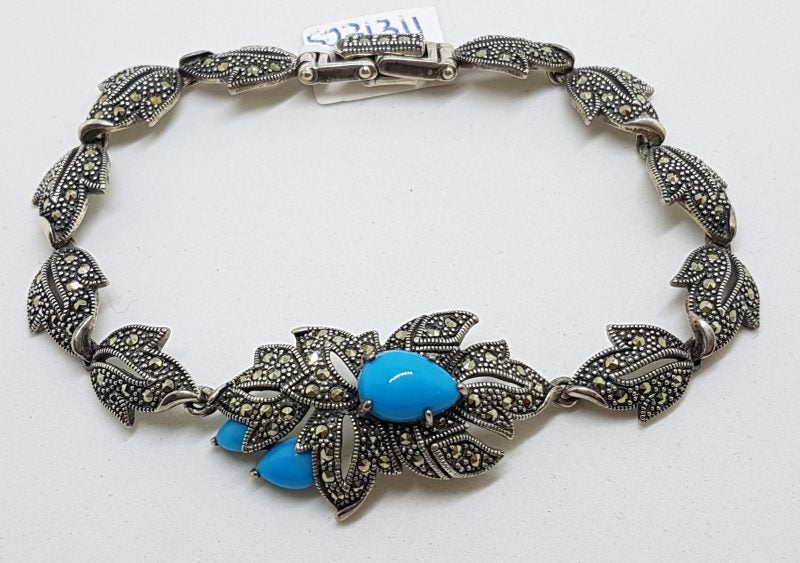 Stunning Sterling Silver Reconstituted Turquoise and Marcasite Ornate Leaf Design Bracelet