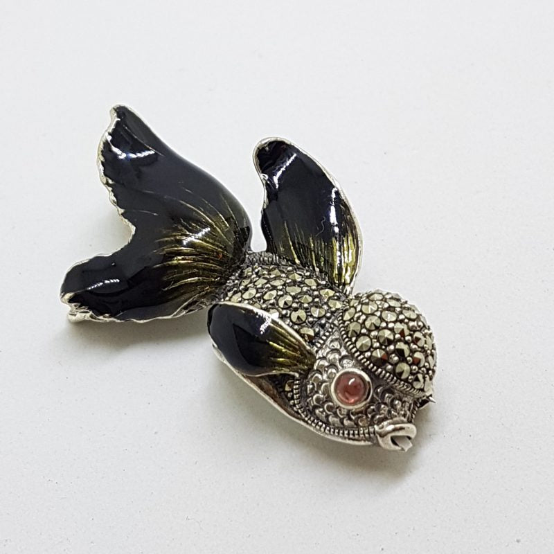 Sterling Silver Marcasite and Enamel Fish Brooch