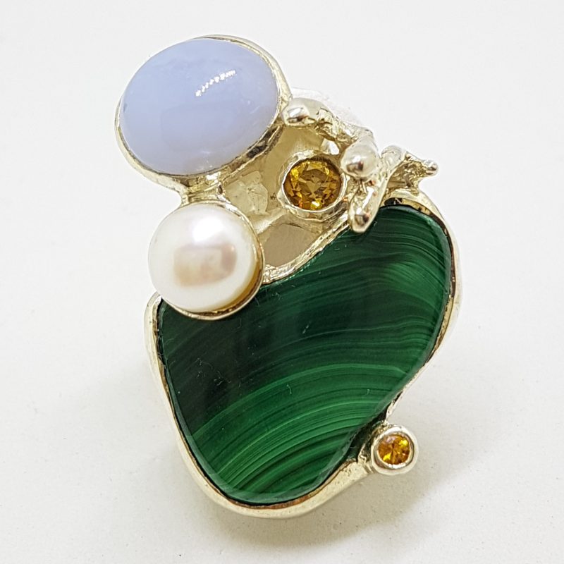 Sterling Silver Very Large Malachite, Pearl, Chalcedony & Yellow Sapphire Ring - Russian Designer