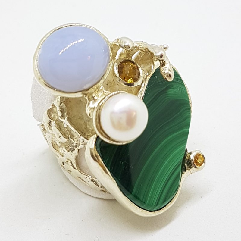 Sterling Silver Very Large Malachite, Pearl, Chalcedony & Yellow Sapphire Ring - Russian Designer