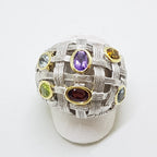 Sterling Silver Large Plait Design Multi-Coloured Gemstones Cluster Ring - Russian Designer