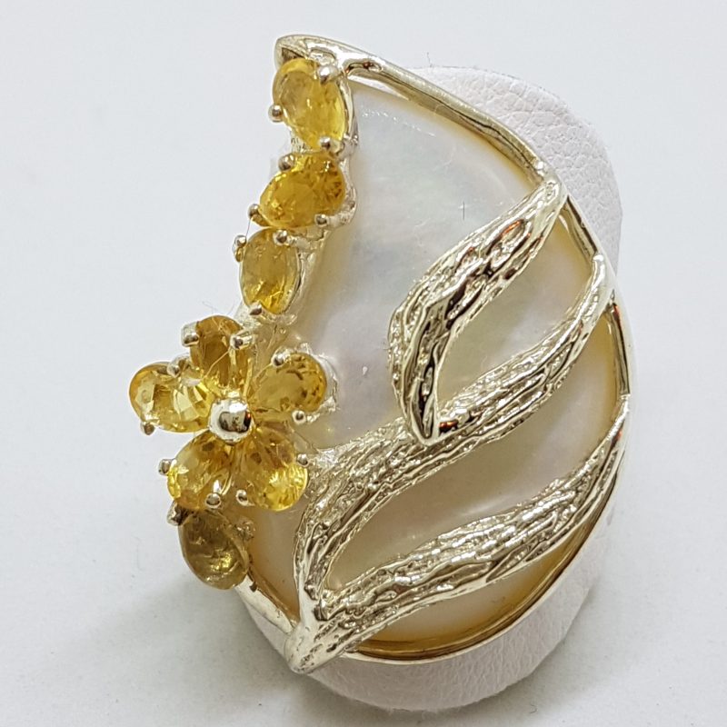Sterling Silver Large Mother of Pearl and Citrine Leaf Russian Design Ring