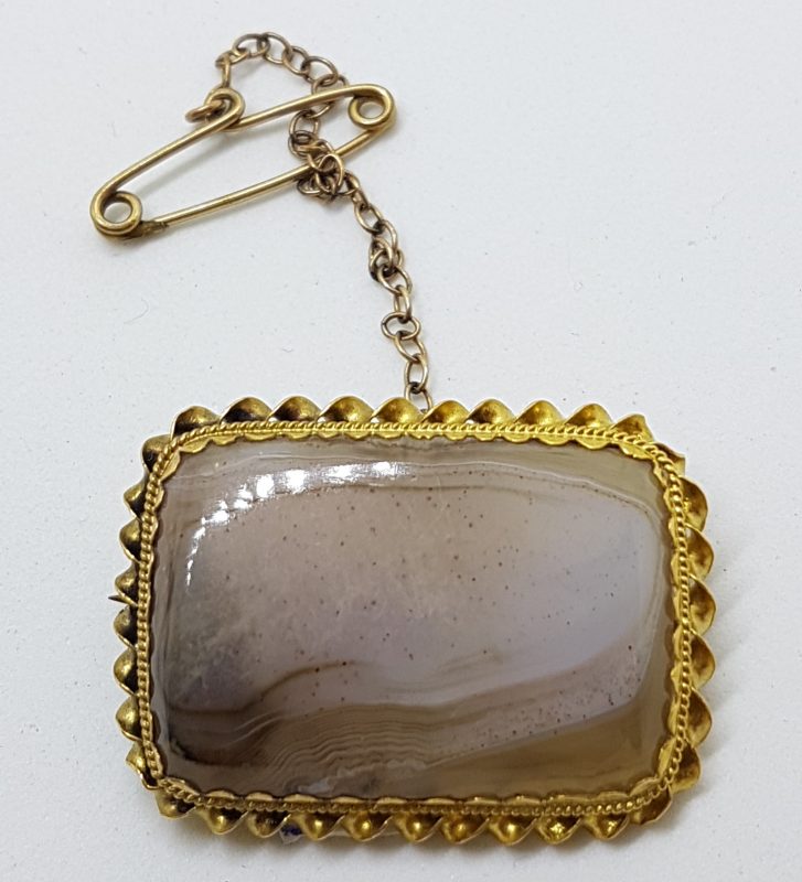 15ct Yellow Gold Large Rectangular Agate with Twist Rim Brooch - Antique / Vintage