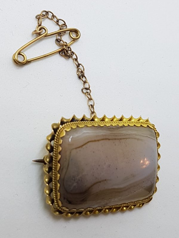 15ct Yellow Gold Large Rectangular Agate with Twist Rim Brooch - Antique / Vintage