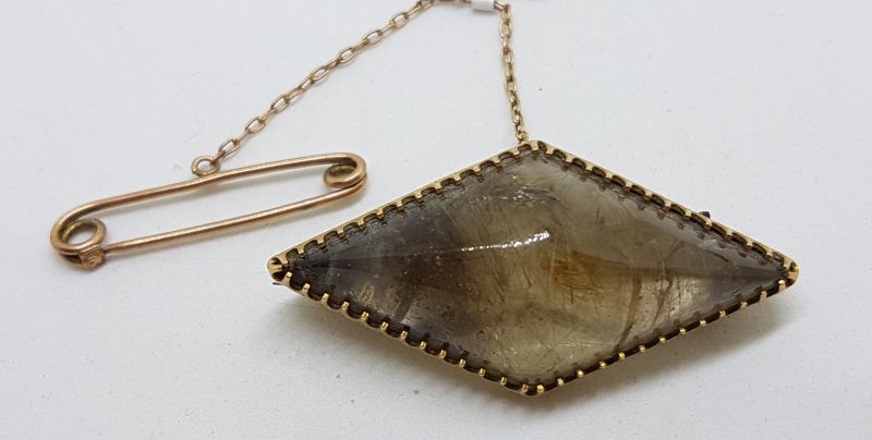 15ct Yellow Gold Large Marquis Shape Agate Brooch - Antique / Vintage