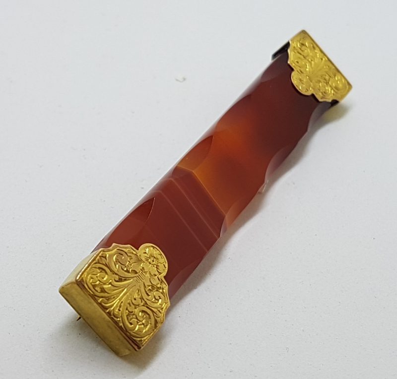 9ct Yellow Gold Large/Long Red Scottish Agate Bar Brooch