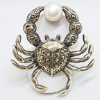 Sterling Silver Very Large Marcasite &amp; Pearl Crab Ring