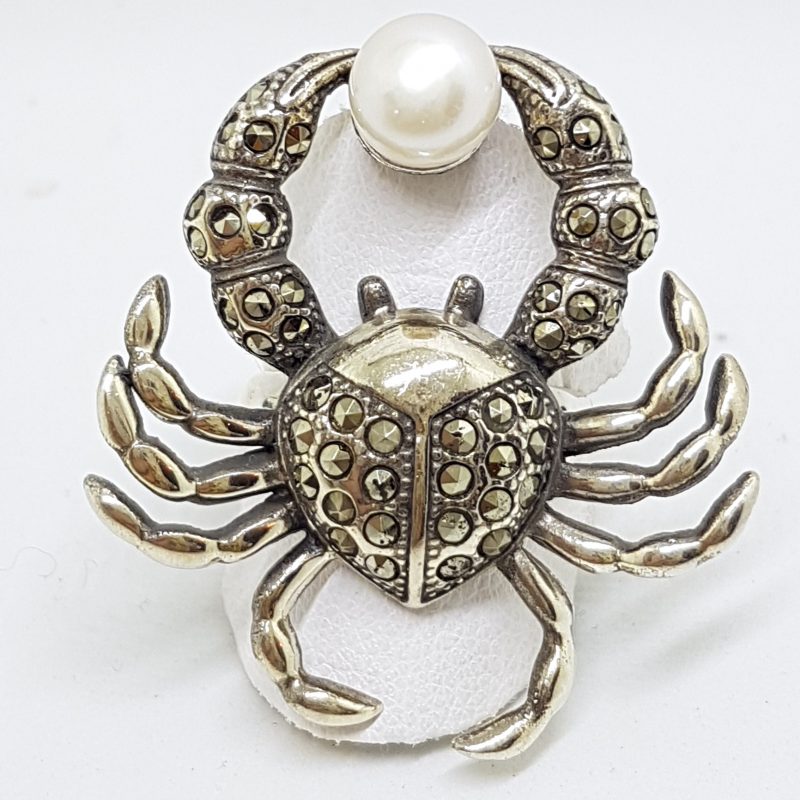Sterling Silver Very Large Marcasite &amp; Pearl Crab Ring