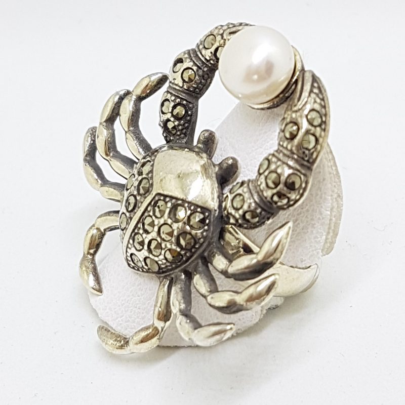 Sterling Silver Very Large Marcasite &amp; Pearl Crab Ring