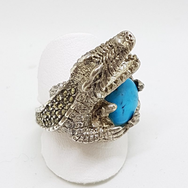 Sterling Silver Large Marcasite &amp; Blue Recon. Turquoise Alligator/Crocodile Ring