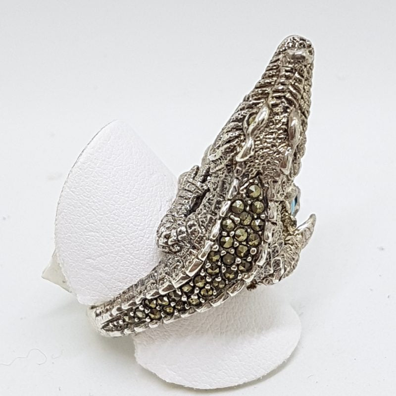 Sterling Silver Large Marcasite &amp; Blue Recon. Turquoise Alligator/Crocodile Ring
