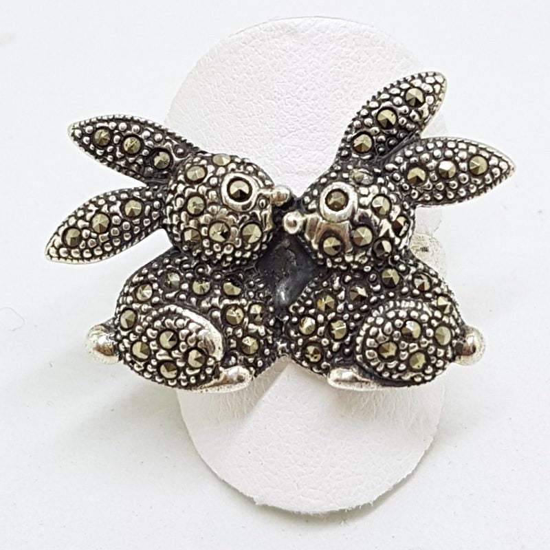 Sterling Silver Marcasite Two Rabbits / Bunny Ring
