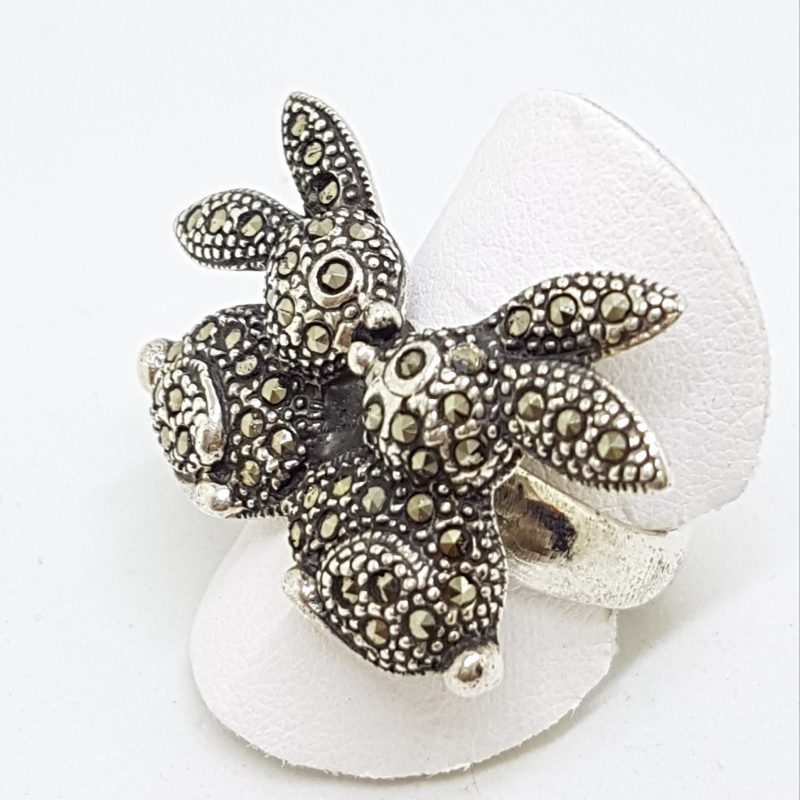 Sterling Silver Marcasite Two Rabbits / Bunny Ring