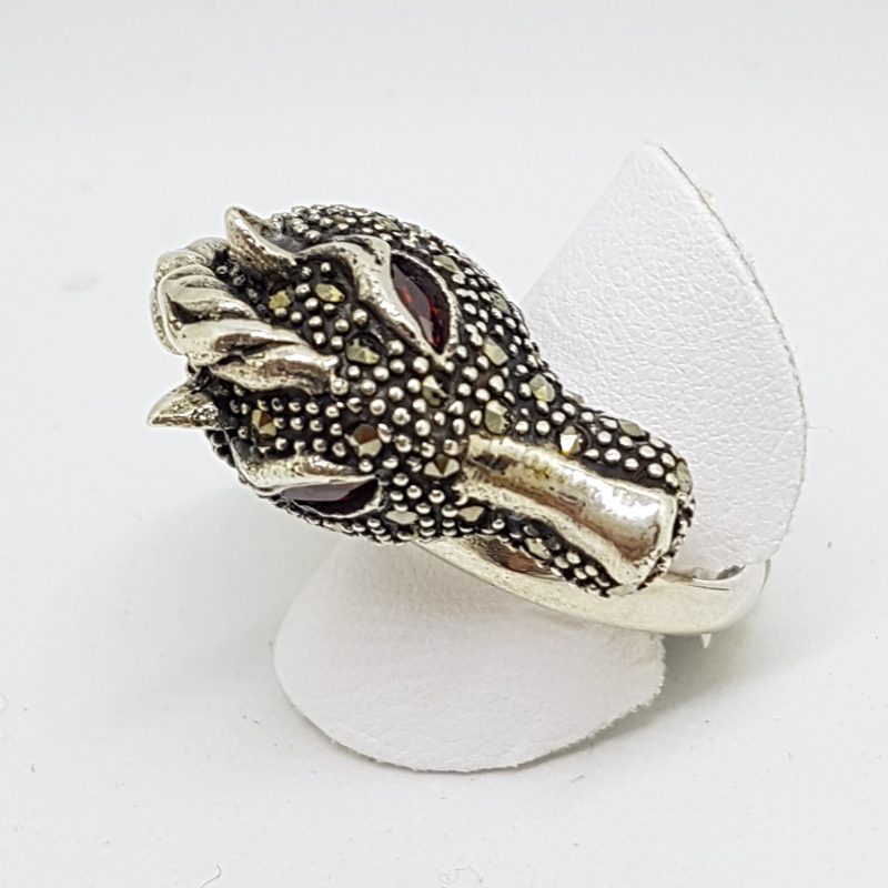 Sterling Silver Marcasite &amp; Garnet Large Horse Head Ring
