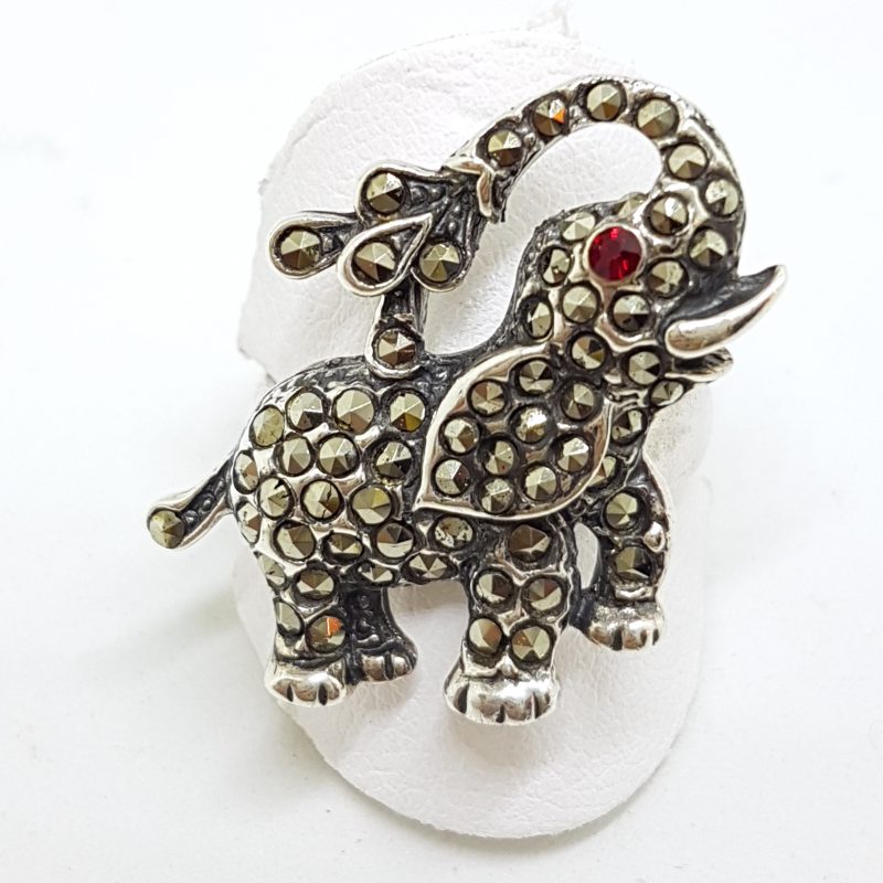 Sterling Silver Marcasite Elephant with Red Eye Ring