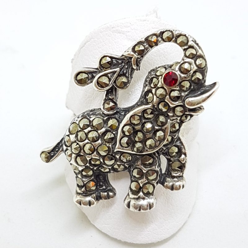 Sterling Silver Marcasite Elephant with Red Eye Ring