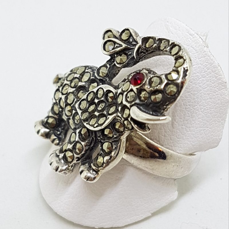 Sterling Silver Marcasite Elephant with Red Eye Ring