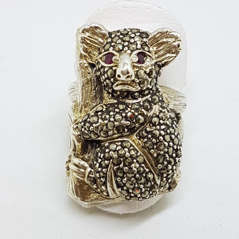 Sterling Silver Marcasite &amp; Garnet Large Koala Bear Ring