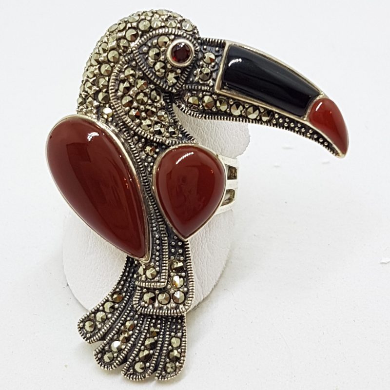 Sterling Silver Large Toucan Ring with Marcasite, Onyx, Garnet and Carnelian