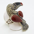 Sterling Silver Large Toucan Ring with Marcasite, Onyx, Garnet and Carnelian