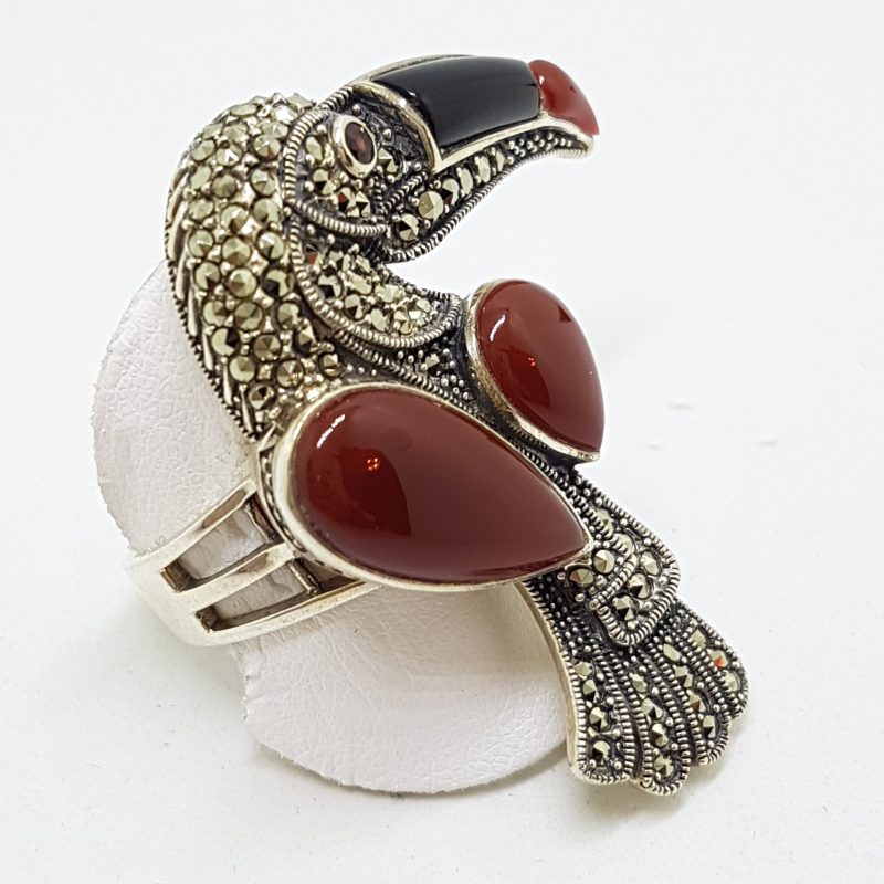 Sterling Silver Large Toucan Ring with Marcasite, Onyx, Garnet and Carnelian