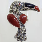 Sterling Silver Large Toucan Ring with Marcasite, Onyx, Garnet and Carnelian