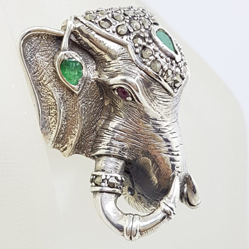 Sterling Silver Very Large Elephant Head Ring with Marcasite and Emerald