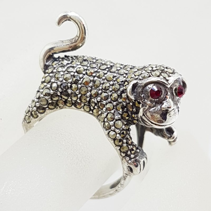 Sterling Silver Marcasite with Red Eyes Monkey Ring