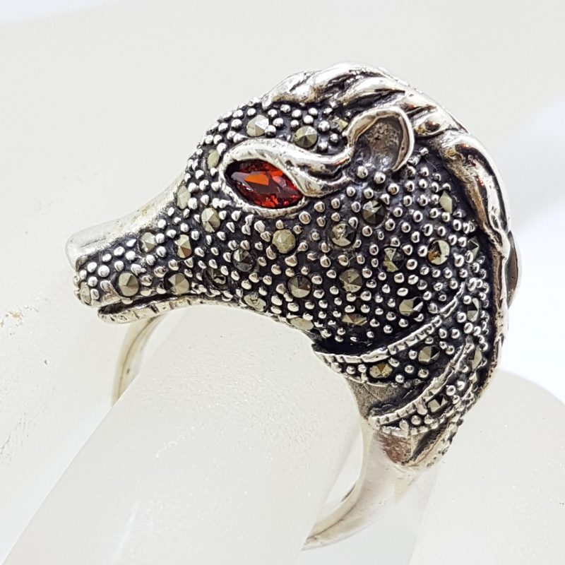 Sterling Silver Marcasite &amp; Garnet Large Horse Head Ring