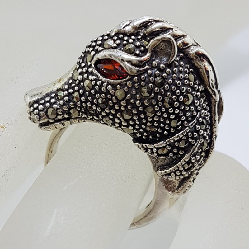 Sterling Silver Marcasite &amp; Garnet Large Horse Head Ring