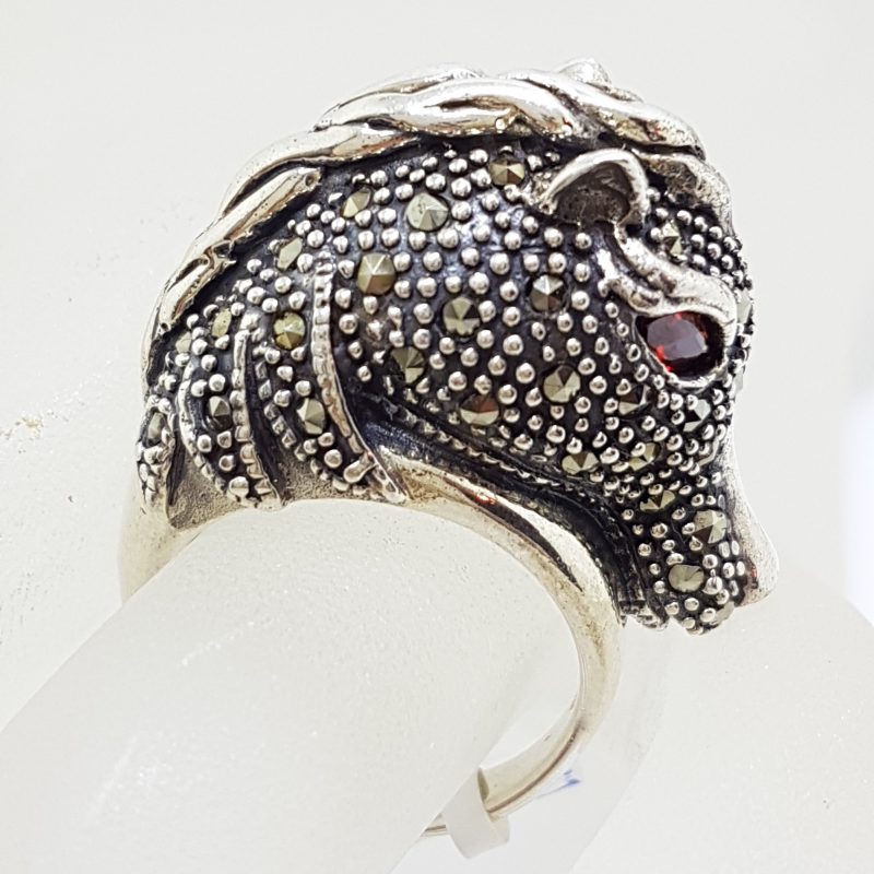 Sterling Silver Marcasite &amp; Garnet Large Horse Head Ring