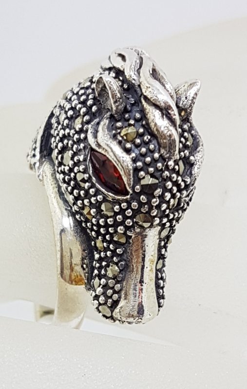 Sterling Silver Marcasite &amp; Garnet Large Horse Head Ring