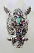 Sterling Silver Very Large Wild Boar/Pig Head Ring with Marcasite, Ruby, Sapphire and Emerald