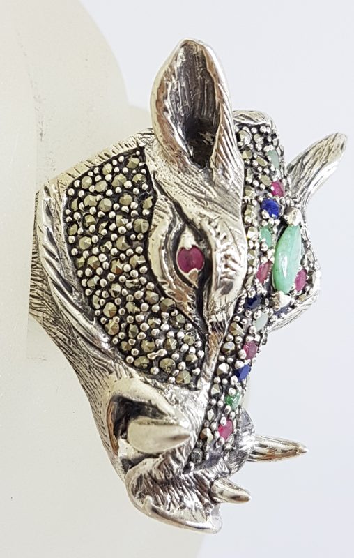 Sterling Silver Very Large Wild Boar/Pig Head Ring with Marcasite, Ruby, Sapphire and Emerald