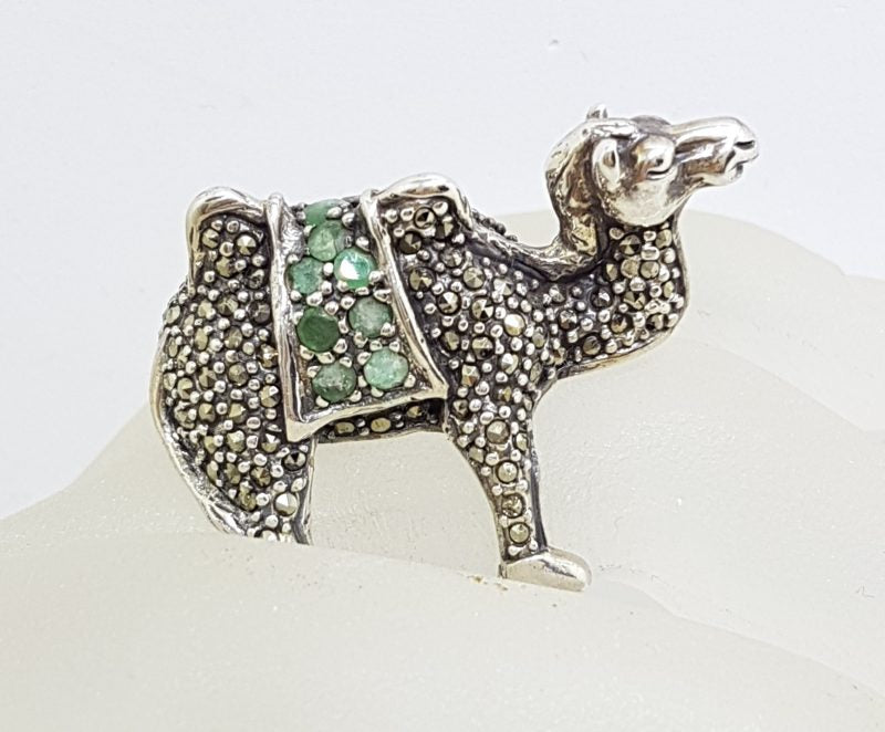 Sterling Silver Very Large Camel Ring with Marcasite and Emerald