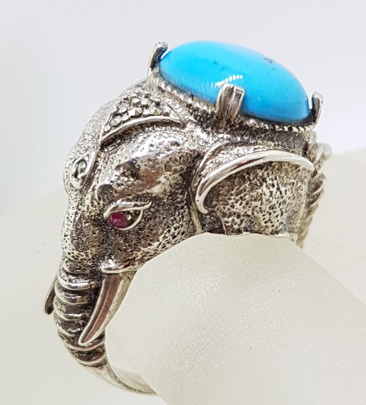 Sterling Silver Marcasite, Recon. Turquoise and Ruby Very Large Elephant Ring
