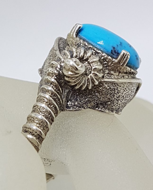 Sterling Silver Marcasite, Recon. Turquoise and Ruby Very Large Elephant Ring