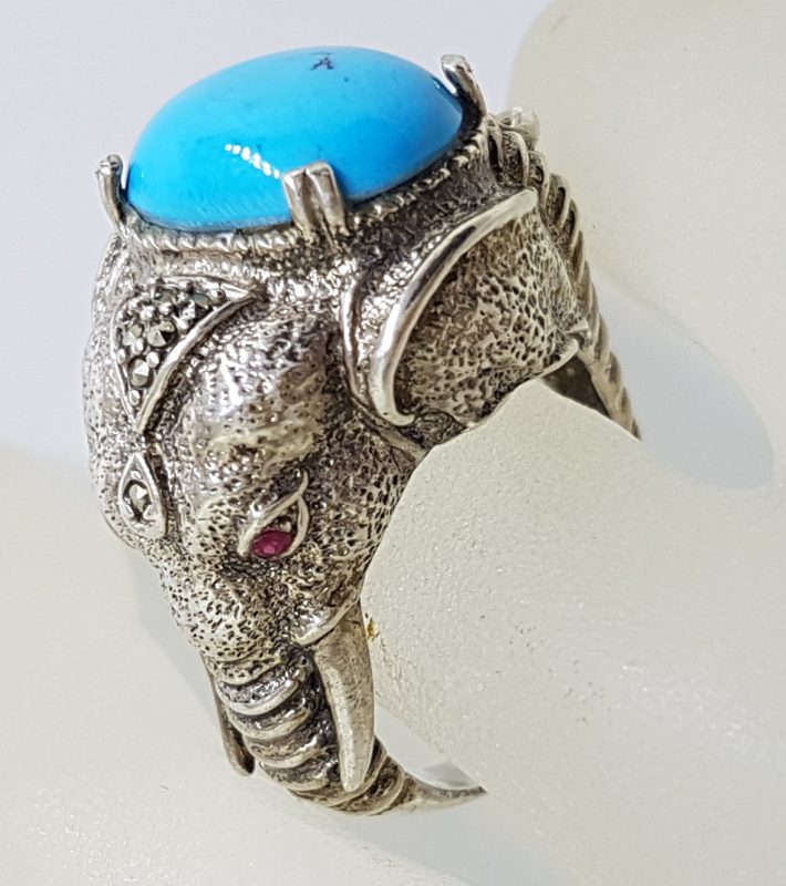 Sterling Silver Marcasite, Recon. Turquoise and Ruby Very Large Elephant Ring