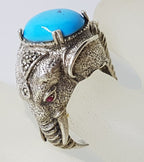 Sterling Silver Marcasite, Recon. Turquoise and Ruby Very Large Elephant Ring