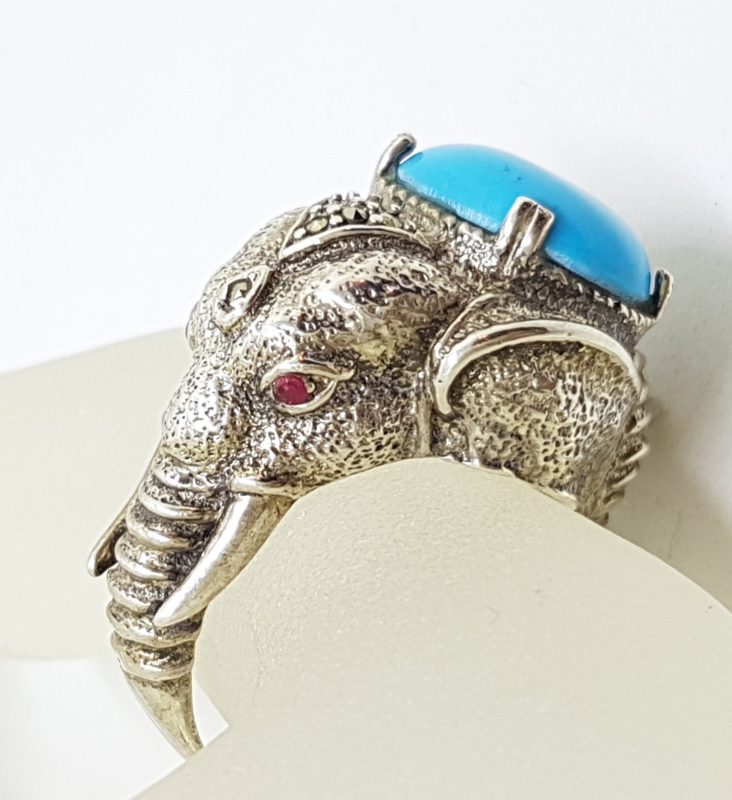 Sterling Silver Marcasite, Recon. Turquoise and Ruby Very Large Elephant Ring
