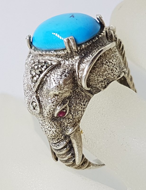 Sterling Silver Marcasite, Recon. Turquoise and Ruby Very Large Elephant Ring