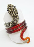 Sterling Silver Marcasite and Enamel Large Coiled Snake Ring - Red &amp; Orange