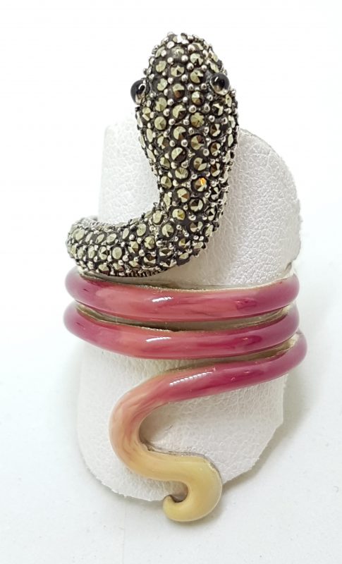 Sterling Silver Marcasite and Enamel Large Coiled Snake Ring - Pink