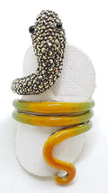 Sterling Silver Marcasite and Enamel Large Coiled Snake Ring - Green &amp; Yellow