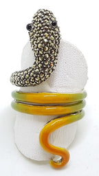 Sterling Silver Marcasite and Enamel Large Coiled Snake Ring - Green &amp; Yellow